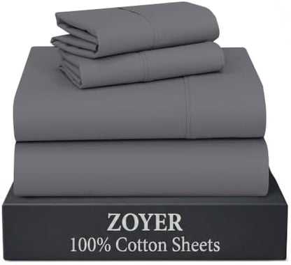 ZOYER 100% Cotton Sheets – King Size Percale Bedding, Cooling & Breathable, Durable with a Crisp, Soft & Comfortable Feel, 16" Deep Pocket, 4-Piece Set, Smoked Pearl