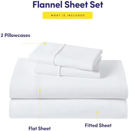 Flannel Sheets Warm and Cozy Deep Pocket Breathable All Season Bedding Set with Fitted, Flat and Pillowcases, Queen, White