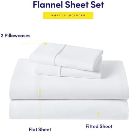 Flannel Sheets Warm and Cozy Deep Pocket Breathable All Season Bedding Set with Fitted, Flat and Pillowcases, Full, White