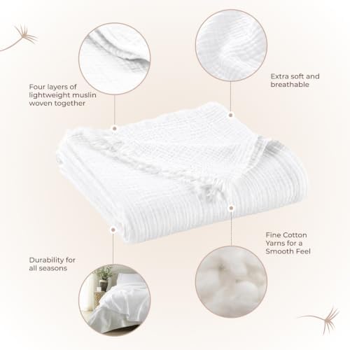 100% Cotton Organic Muslin Throw Blanket for Adults GOTS & Fairtrade Certified Organic Cotton - Couch Living Room and Bedroom Decor - 4 Layer Super Soft and Cozy (White, Throw)