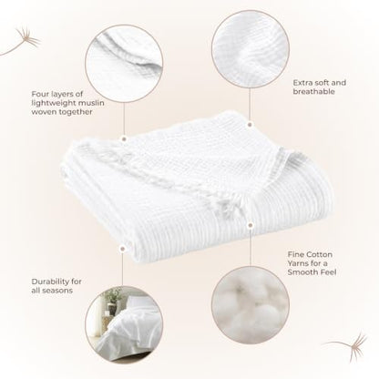 100% Cotton Organic Muslin Throw Blanket for Adults GOTS & Fairtrade Certified Organic Cotton - Couch Living Room and Bedroom Decor - 4 Layer Super Soft and Cozy (White, Large Throw)
