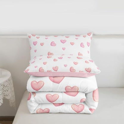 jejeloiu Pink Heart Comforter Set Full Size Kawaii Bedding Set for Kids Boys Girls Dreamy Princess Style Duvet Quilt Bedroom Decor Microfiber 3 Pcs with 2 Pillow Cases