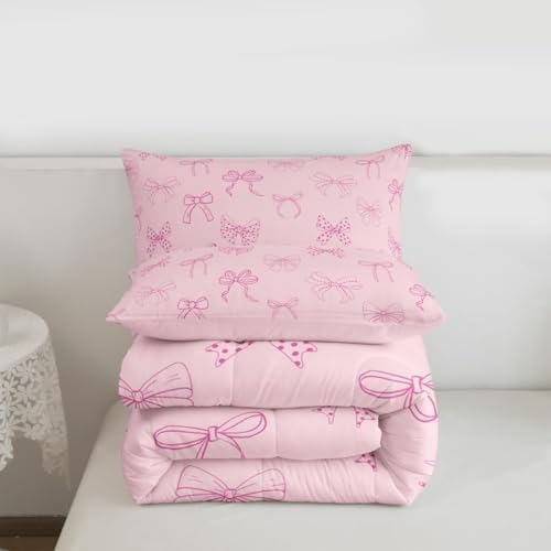 jejeloiu Bowknot Kids Comforter Set King Size Pink Bow Bedding Set Dreamy Princess Style Duvet Quilt for Kids Boys Girls Bedroom Pink Bow Tie Decor Microfiber Ultra Soft Breathable