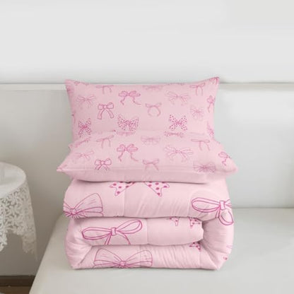 jejeloiu Bowknot Kids Comforter Set King Size Pink Bow Bedding Set Dreamy Princess Style Duvet Quilt for Kids Boys Girls Bedroom Pink Bow Tie Decor Microfiber Ultra Soft Breathable