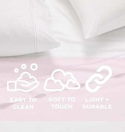 SCOUT 100% Cotton 200 Thread Count Percale Pick Stitch White/Seafoam 4-Piece Queen Sheet Set, Solid Themed, Adult Bedding, Oeko-TEX Certified