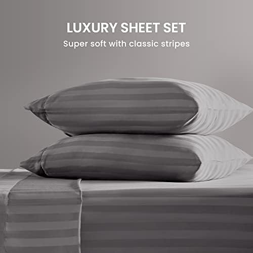 SLEEP ZONE Striped Cooling Sheets Set Full Size - Fitted Flat Sheet & Pillowcase Sets 4 Piece - Super Soft Stripe Bed Sheet, Easy Care, Deep Pocket (Gull Grey, Full)