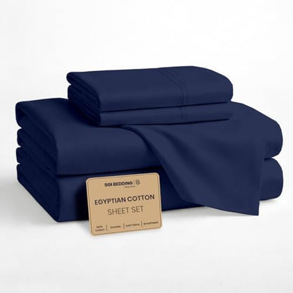 SGI bedding 100% Egyptian Cotton Sheets Full Size – Cooling Sheets, Soft Breathable Navy Blue Bedding, Luxury Bedding, Luxury Hotel Sheet Set, Deep Pocket 16", 4 Piece Set