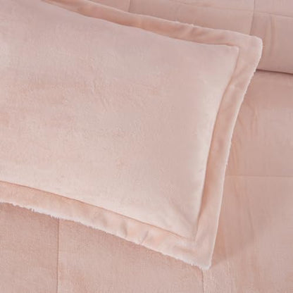 Chezmoi Collection Ultra-Soft Micromink Sherpa Comforter Set with 2 Pillow Shams Queen Size - Blush Reversible Plush Bedding Comforter 3-Piece Set Warm Winter Blanket