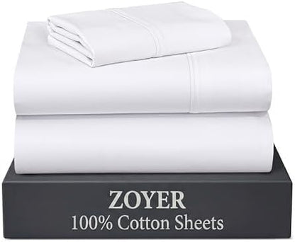 ZOYER 100% Cotton Sheets – Twin Size Percale Bedding, Cooling & Breathable, Durable with a Crisp, Soft & Comfortable Feel, 16" Deep Pocket, 3-Piece Set, Bright White