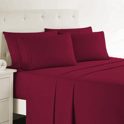 Clara Clark Queen Sheets, 6 Piece Set - Hotel Luxury Sheets for Queen Size Bed, Super Soft Bedding Set, Burgundy Red