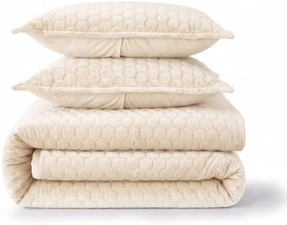 Tribeca Living Lugano Oversized Velvet Quilt Set - All Season, Extra Large, 3 Piece Queen Size Comforter Set with 2 Pillow Shams in Ivory Honeycomb Pattern 260GSM