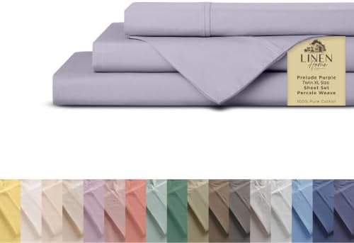 Linen Home 100% Cotton Percale Sheets Twin XL Size, Prelude Purple, Deep Pocket, 3 Pieces Set- 1 Flat, 1 Fitted and 1 Pillowcase, Crisp Cool and Long Staple Strong Bed Linen