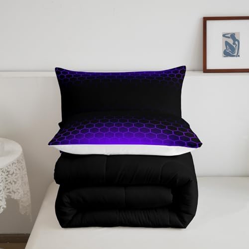 Purple Black Ombre Honeycomb Comforter Set Twin Size, Abstract Hexagonal Bedding Set for Kids Geometrics Honeycomb Comforter Beehive Hexagon Duvet Set Durable Bed Set 2Pcs