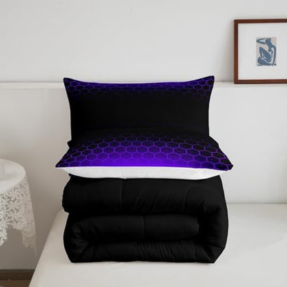 Purple Black Ombre Honeycomb Comforter Set Twin Size, Abstract Hexagonal Bedding Set for Kids Geometrics Honeycomb Comforter Beehive Hexagon Duvet Set Durable Bed Set 2Pcs
