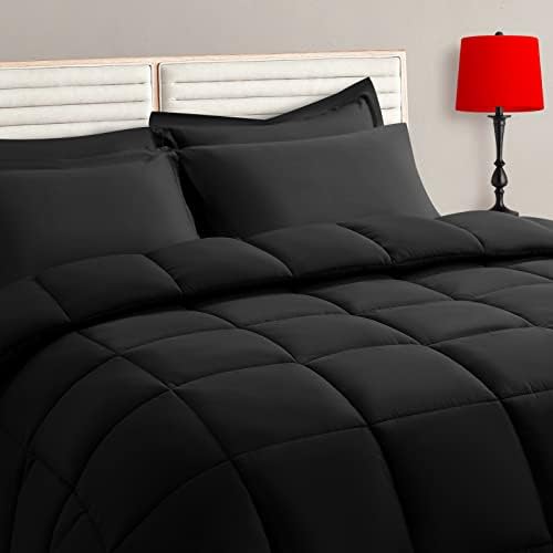 TAIMIT King Size Comforter Set - 7 Pieces, Bed in a Bag Bedding Sets with All Season Soft Quilted Warm Fluffy Reversible Comforter,Flat Sheet,Fitted Sheet,2 Pillow Shams,2 Pillowcases,Black