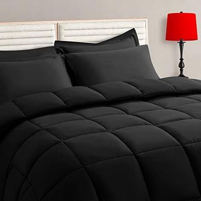 TAIMIT Twin Size Comforter Set - 5 Pieces, Bed in a Bag Bedding Sets with All Season Soft Quilted Warm Fluffy Reversible Comforter,Flat Sheet,Fitted Sheet,1 Pillow Shams,1 Pillowcases,Black