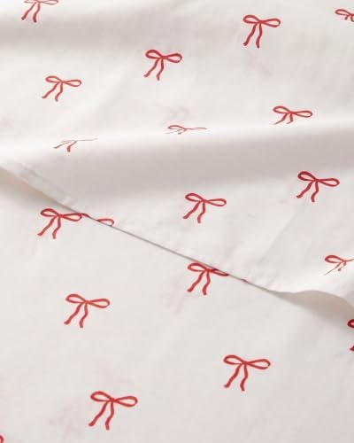 Christmas Sheet Set, Dainty Red Bows, Holiday Xmas Bedding Set - Queen Size