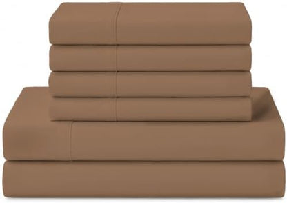 Linen Home 100% Cotton Percale Sheets Queen Size, Earthy Brown, Deep Pocket, 6 Pieces Set- 1 Flat, 1 Fitted and 4 Pillowcases, Crisp Cool and Long Staple Strong Bed Linen