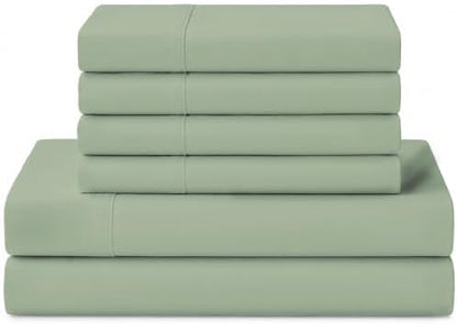 Linen Home 100% Cotton Percale Sheets Queen Size, Sage, Deep Pocket, 6 Pieces Set- 1 Flat, 1 Fitted and 4 Pillowcases, Crisp Cool and Long Staple Strong Bed Linen