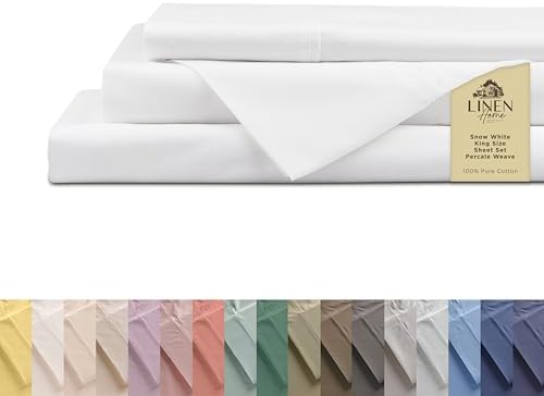 Linen Home 100% Cotton Percale King Sheets, 4 Pc Cooling Set - Snow White