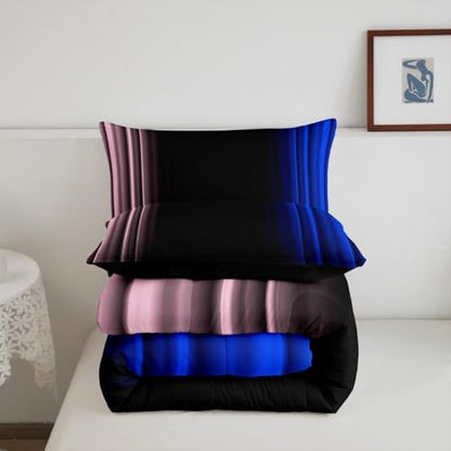 Feelyou Teens Abstract Ombre Decorations Bedding Set for Kids Women Pink Blue and Black Comforter Set Geometric Modern Quilt Set Room 3Pcs Full Size
