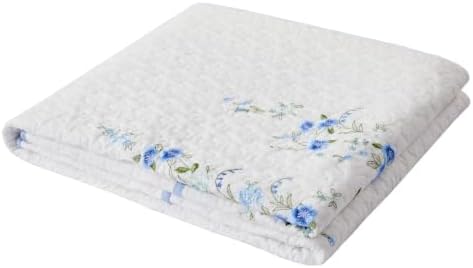 100% Cotton Full Size Quilt Set – 3-Piece Lightweight Bedspread Coverlet with Embroidery, All-Season Bohemian Bedding Set for Master Bedroom Guest Room White with Blue Embroidery