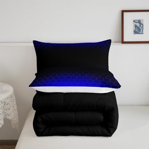 Blue Black Ombre Honeycomb Bedding Set King Size, Geometrics Hexagon Comforter Abstract Blue and Black Comforter Set for Kids Toddler Beehive Hexagon Duvet Set Durable Bed Set 3Pcs