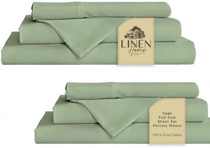 Linen Home 2-Pack Full Sheet Set, 100% Cotton Percale Bedding, 8-Piece Value Bundle, Deep Pocket Cooling Bed Sheets for Hot Sleepers, Breathable & Crisp Hotel Quality, Long-Staple Cotton, Sage