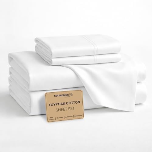 SGI bedding 100% Egyptian Cotton Sheets Twin Size – Cooling Sheets, Soft Breathable White Bedding, Luxury Bedding, Luxury Hotel Sheet Set, Deep Pocket 18", 4 Piece Set