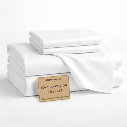 SGI bedding 100% Egyptian Cotton Sheets Twin Size – Cooling Sheets, Soft Breathable White Bedding, Luxury Bedding, Luxury Hotel Sheet Set, Deep Pocket 18", 4 Piece Set