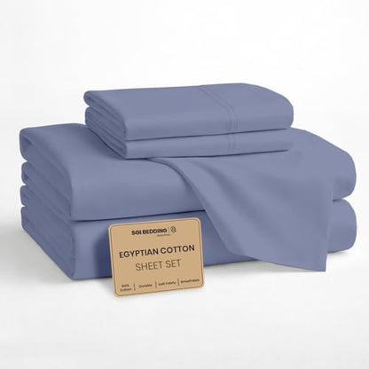 SGI bedding 100% Egyptian Cotton Sheets Twin Size – Cooling Sheets, Soft Breathable Mediterranean Blue Bedding, Luxury Bedding, Luxury Hotel Sheet Set, Deep Pocket 16", 4 Piece Set