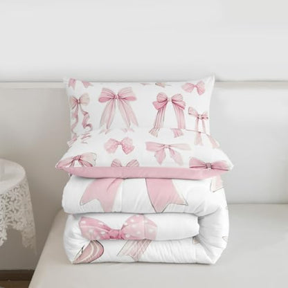 jejeloiu Watercolor Bow Bedding Set Soft for Boys Girls, Cute Pink Bowknot Comforter Set Toddler Size Girls Bow Duvet Quilt Microfiber Bedroom Decor 2 Pcs with 1 Pillow Cases