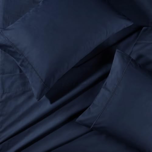 BIOWEAVES 100% Organic Cotton Sheets, 300 Thread Count 4-Piece GOTS Certified Bed Sheet Set Fits Mattress Upto 17" Deep Pocket, Soft & Silky Sateen Weave (Queen, Navy Blue)