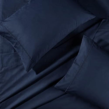 BIOWEAVES 100% Organic Cotton Sheets, 300 Thread Count 4-Piece GOTS Certified Bed Sheet Set Fits Mattress Upto 17" Deep Pocket, Soft & Silky Sateen Weave (Queen, Navy Blue)