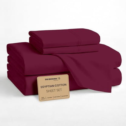 SGI bedding 100% Egyptian Cotton Sheets Queen Size – Cooling Sheets, Soft Breathable Burgundy Bedding, Luxury Bedding, Luxury Hotel Sheet Set, Deep Pocket 16", 4 Piece Set