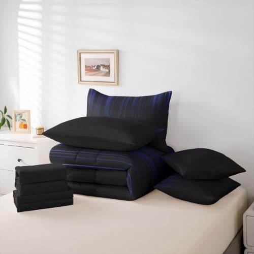 Feelyou Neon Blue Black Comforter Set King Size 7 Pieces Geometric Bedding Set for Kids Boys Girls Ombre Bed in a Bag with Comforter, Sheets, Pillowcases, Cushion Covers Lightweight