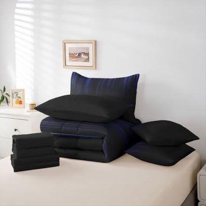 Feelyou Neon Blue Black Comforter Set King Size 7 Pieces Geometric Bedding Set for Kids Boys Girls Ombre Bed in a Bag with Comforter, Sheets, Pillowcases, Cushion Covers Lightweight
