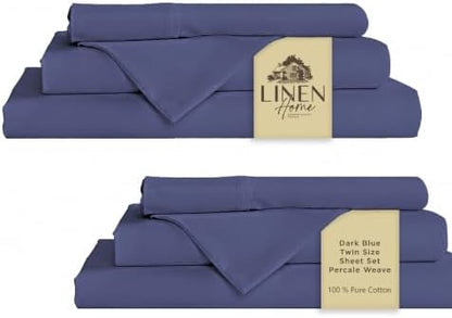 Linen Home 100% Cotton Percale Sheets Twin Size Pack of 2, Dark Blue, Deep Pocket, 6 Pieces Set- 2 Flat, 2 Fitted and 2 Pillowcases, Crisp Cool and Long Staple Strong Bed Linen
