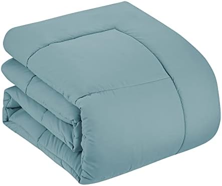 Sweet Home Collection 7 Piece Comforter Set Bag Solid Color All Season Soft Down Alternative Blanket & Luxurious Microfiber Bed Sheets, Misty Blue, Queen