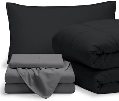 Bare Home Bed-in-A-Bag 5 Piece Comforter & Sheet Set - Twin XL - Goose Down Alternative - Ultra-Soft 1800 Premium Bedding Set (Twin XL, Black/Grey)