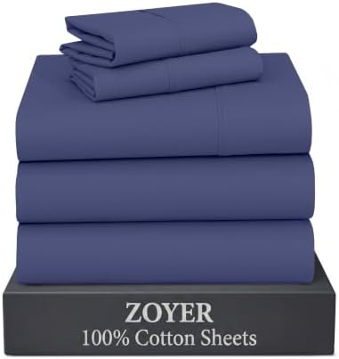 ZOYER 100% Cotton Sheets – Split King Size Percale Bedding, Cooling & Breathable, Durable with a Crisp, Soft & Comfortable Feel, 16" Deep Pocket, 5-Piece Set, Classic Blue