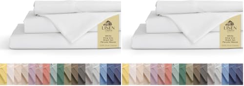 Linen Home 100% Cotton Percale Sheets King Size, White, Deep Pocket, 4 Pieces Set - 1 Flat, 1 Deep Pocket Fitted Sheet and 2 Pillowcases, Crisp Cool and Strong Bed Linen (Pack of 2)