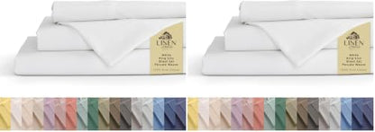 Linen Home 100% Cotton Percale Sheets King Size, White, Deep Pocket, 4 Pieces Set - 1 Flat, 1 Deep Pocket Fitted Sheet and 2 Pillowcases, Crisp Cool and Strong Bed Linen (Pack of 2)