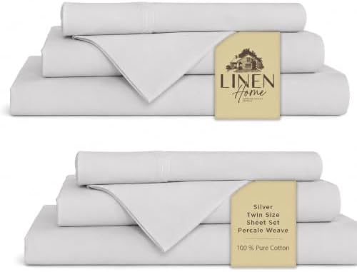 Linen Home 100% Cotton Percale Sheets Twin Size Pack of 2, Silver, Deep Pocket, 6 Pieces Set- 2 Flat, 2 Fitted and 2 Pillowcases, Crisp Cool and Long Staple Strong Bed Linen