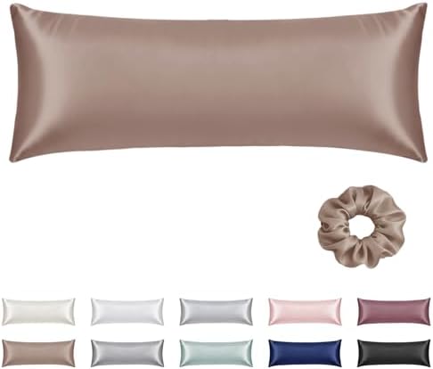Vielit Satin Body Pillow Pillowcase 1pc,Silky Body Pillow Cover Similar to Silk Pillow Cases Soft Body Pillow Case 20x54 & Envelope Closure,Gift for Women Men Light Brown & 1 Satin Scunchie