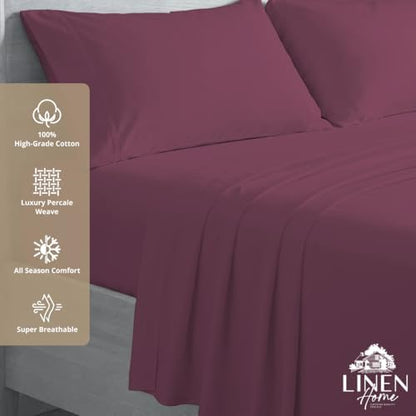 Linen Home 100% Cotton Percale Sheets Twin Size Pack of 2, Damson Berry, Deep Pocket, 6 Pieces Set- 2 Flat, 2 Fitted and 2 Pillowcases, Crisp Cool and Long Staple Strong Bed Linen