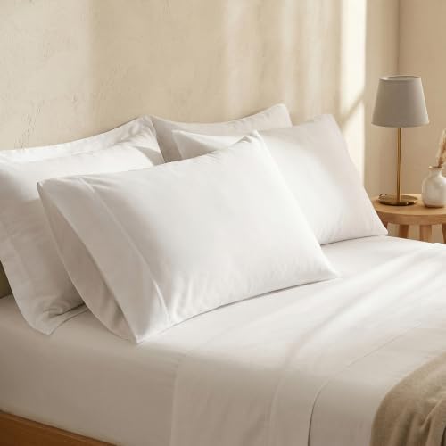 BIOWEAVES 100% Organic Cotton Sheets, 300 Thread Count 4-Piece GOTS Certified Bed Sheet Set Fits Mattress Upto 17" Deep Pocket, Soft & Silky Sateen Weave (Full, White)