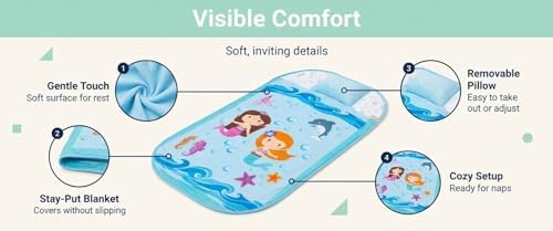 EVERYDAY KIDS Cute Preschooler and Toddler Cot Nap Mat for Home, Daycare, Preschool and Kindergarten; Easy to Roll Sleeping Mat with Elastic Straps, Pillow and Blanket