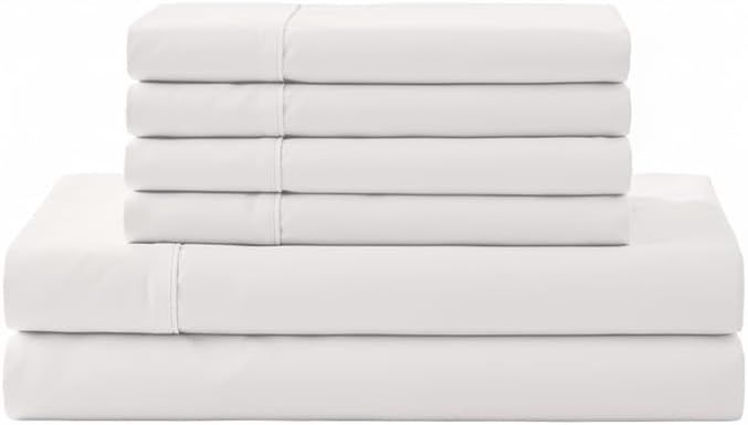 Linen Home 100% Cotton Percale Sheet Set, Queen Size, Snow White, Deep Pocket, 6 Pieces Set - 1 Flat, 1 Deep Pocket Fitted Sheet and 4 Pillowcases, Crisp Cool and Strong Bed Linen
