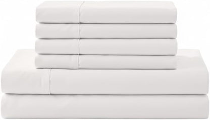 Linen Home 100% Cotton Percale Sheet Set, Queen Size, Snow White, Deep Pocket, 6 Pieces Set - 1 Flat, 1 Deep Pocket Fitted Sheet and 4 Pillowcases, Crisp Cool and Strong Bed Linen